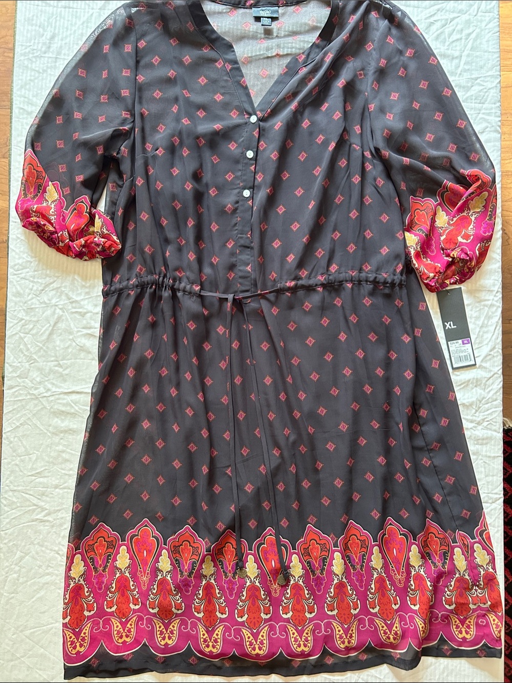 Mossimo Charcoal Midi Dress with Pink & Red Border Print